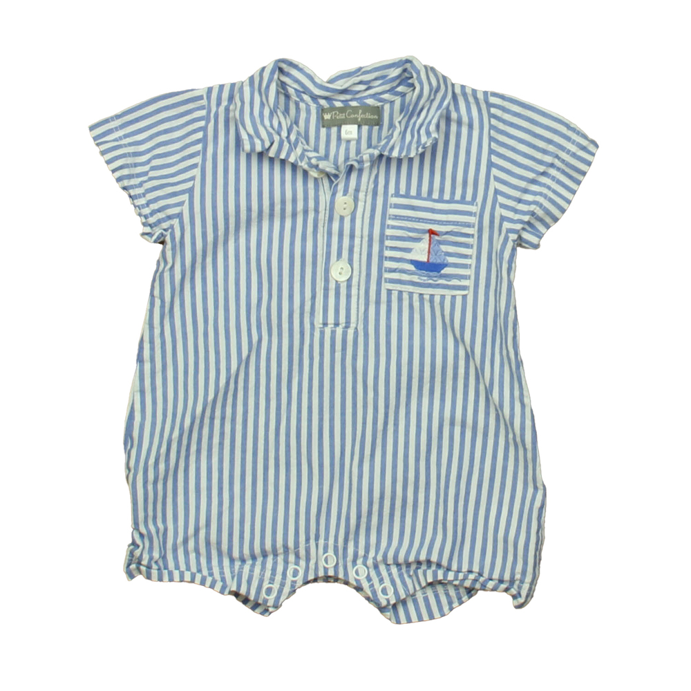Petit Confection Boys Blue | White Sailboat Romper size: 6 Months